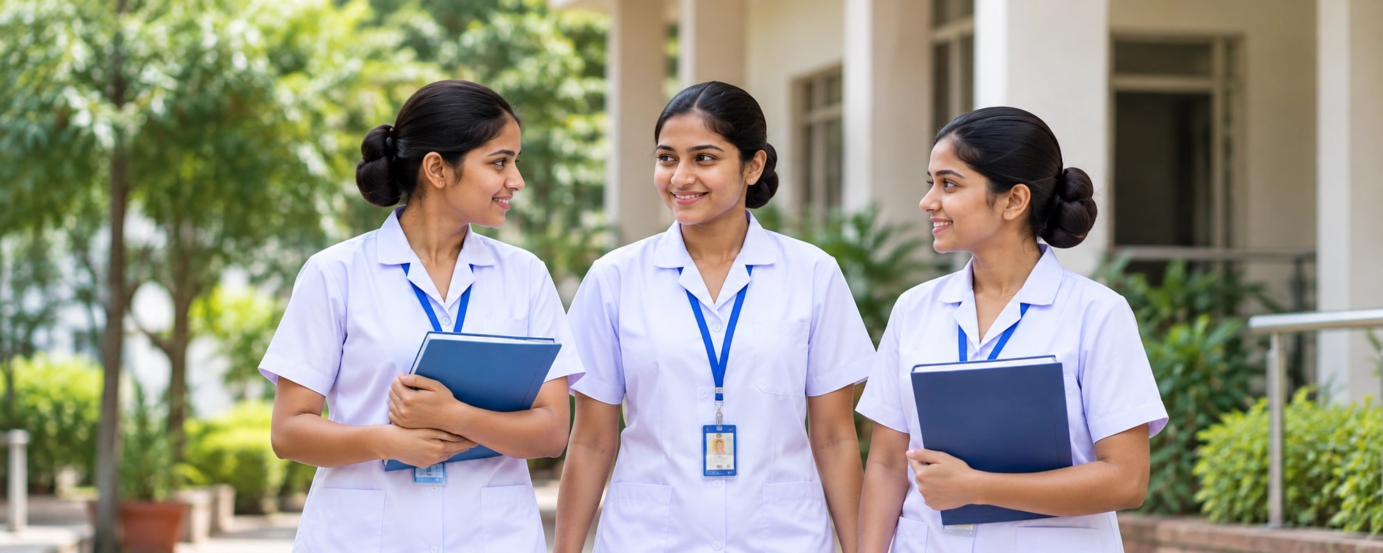 Three nursing students walking together on campus