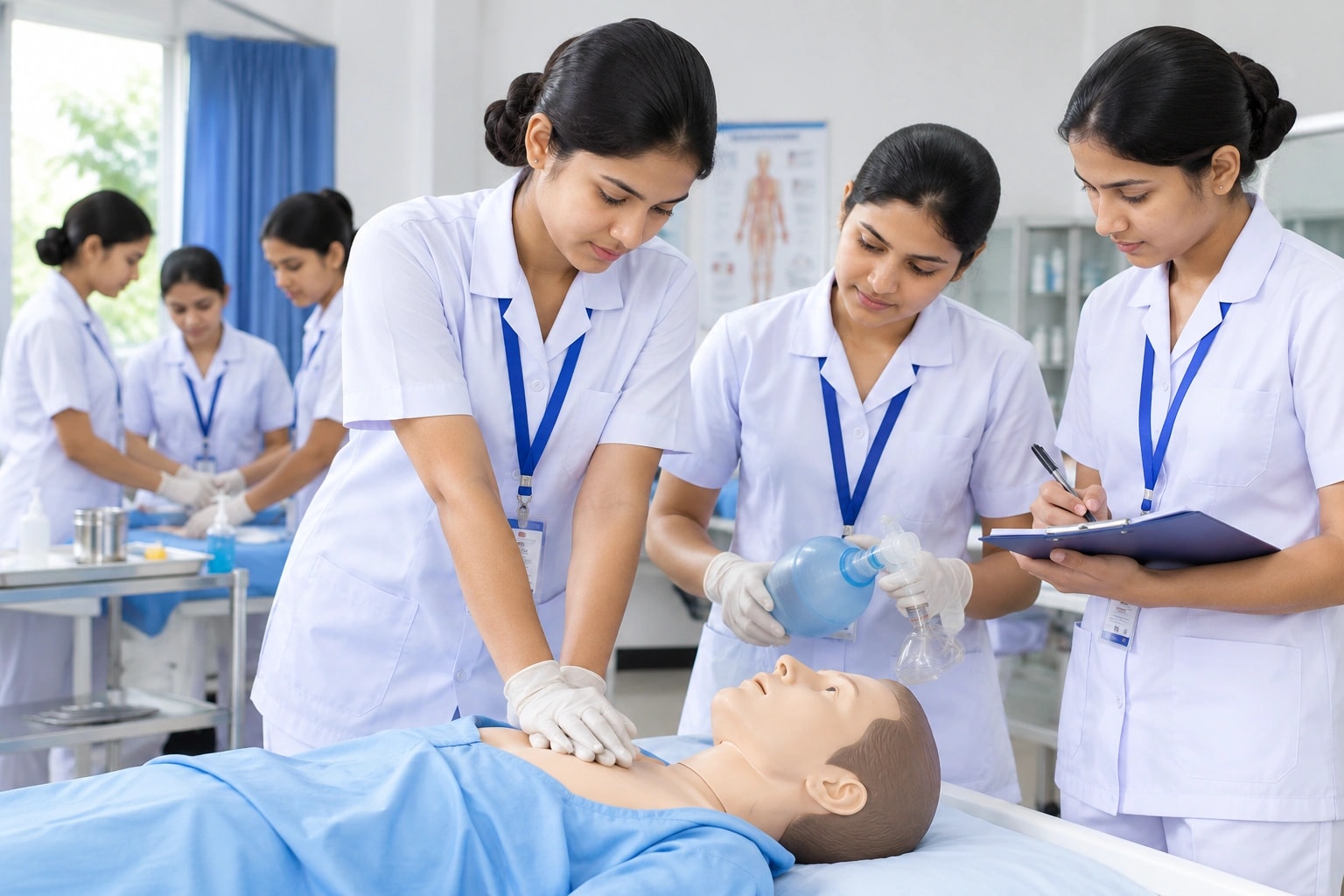 Nursing students practising CPR on a training mannequin